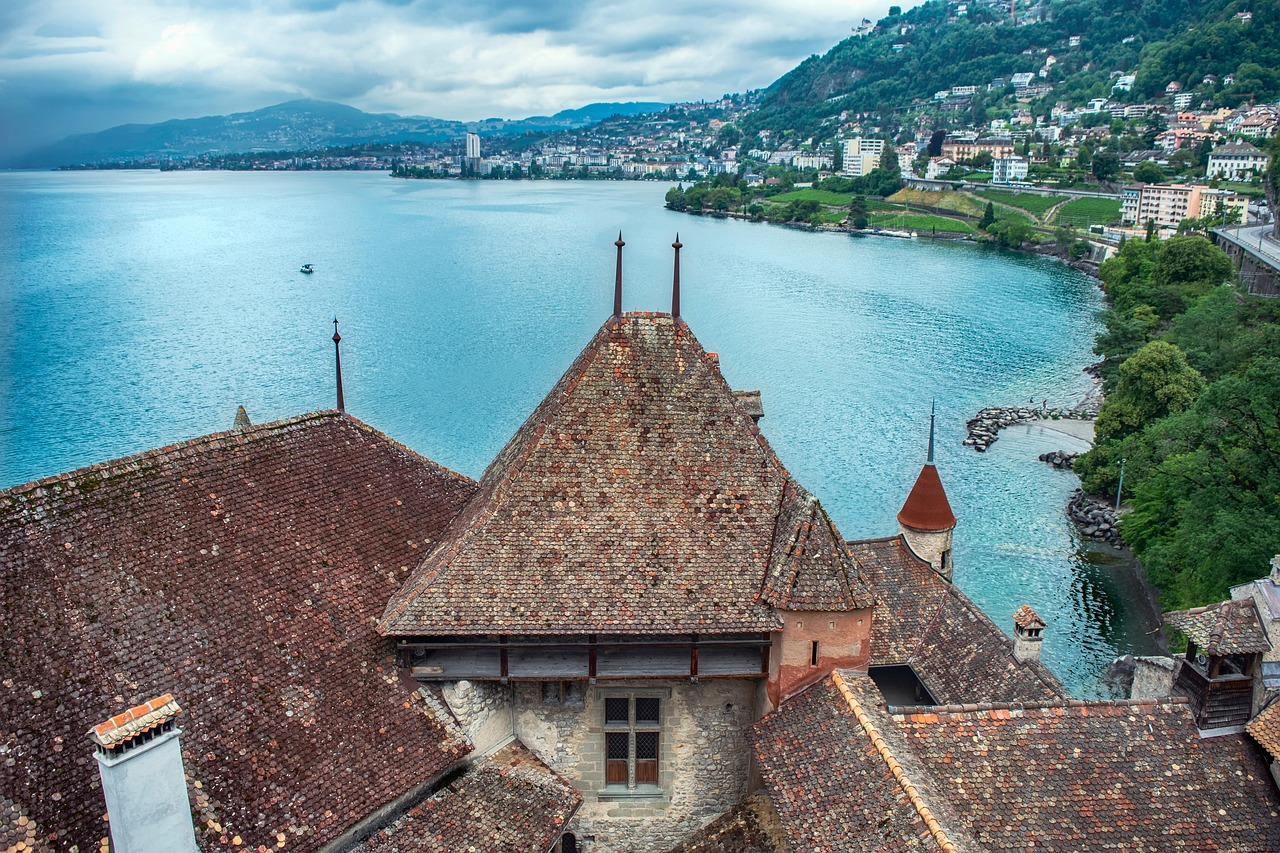 castle, roof, fortress, lake, village, nature, roofing, town, sky, switzerland, landscape
